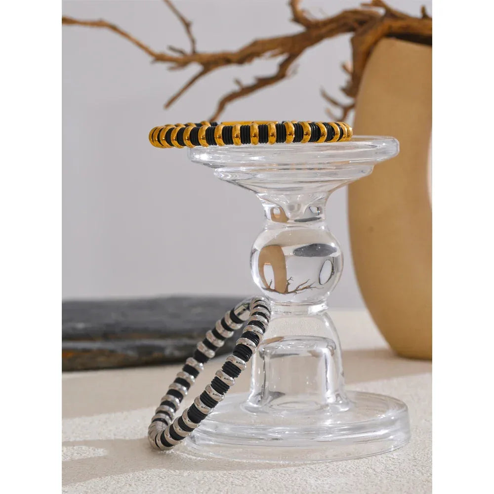 65mm Distinctive Stainless Steel Leather Metal Beads Bracelet Bangle - ShopHub