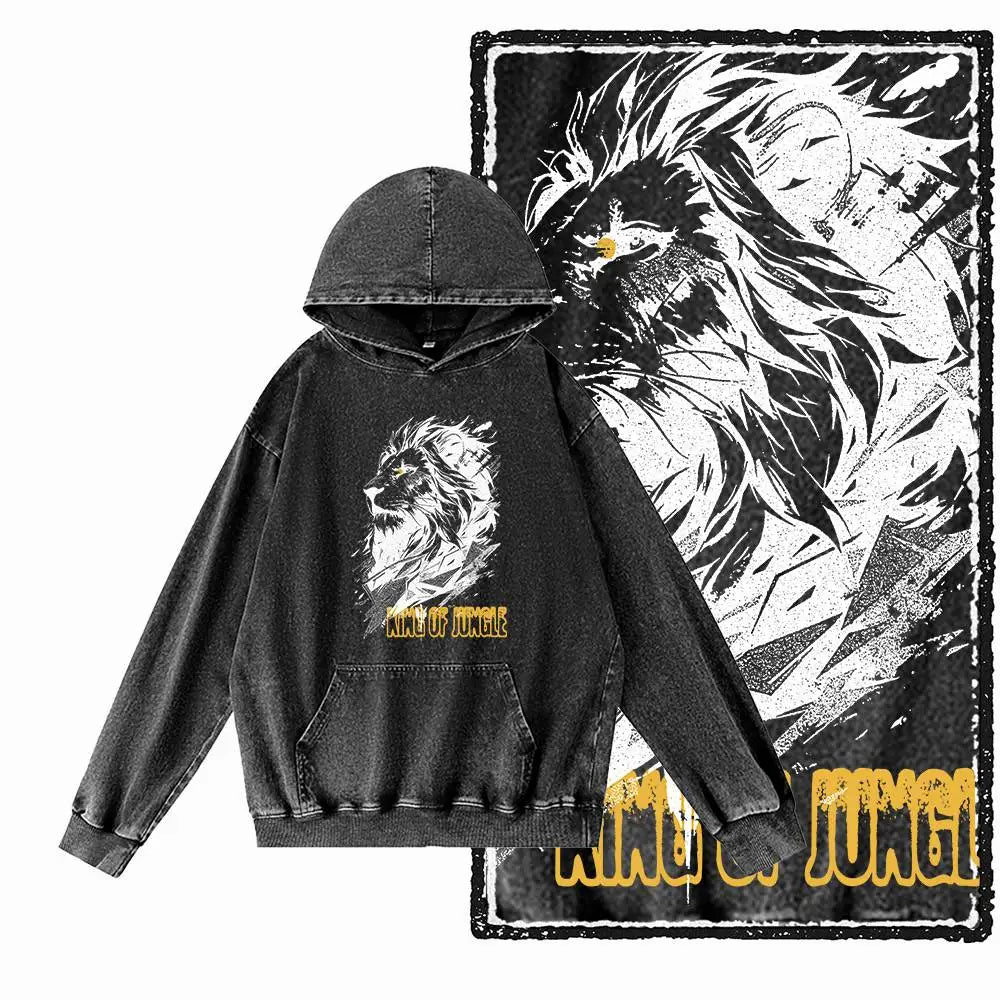 COOLMIND Lion Graphic Pullover | Acid-Washed Black