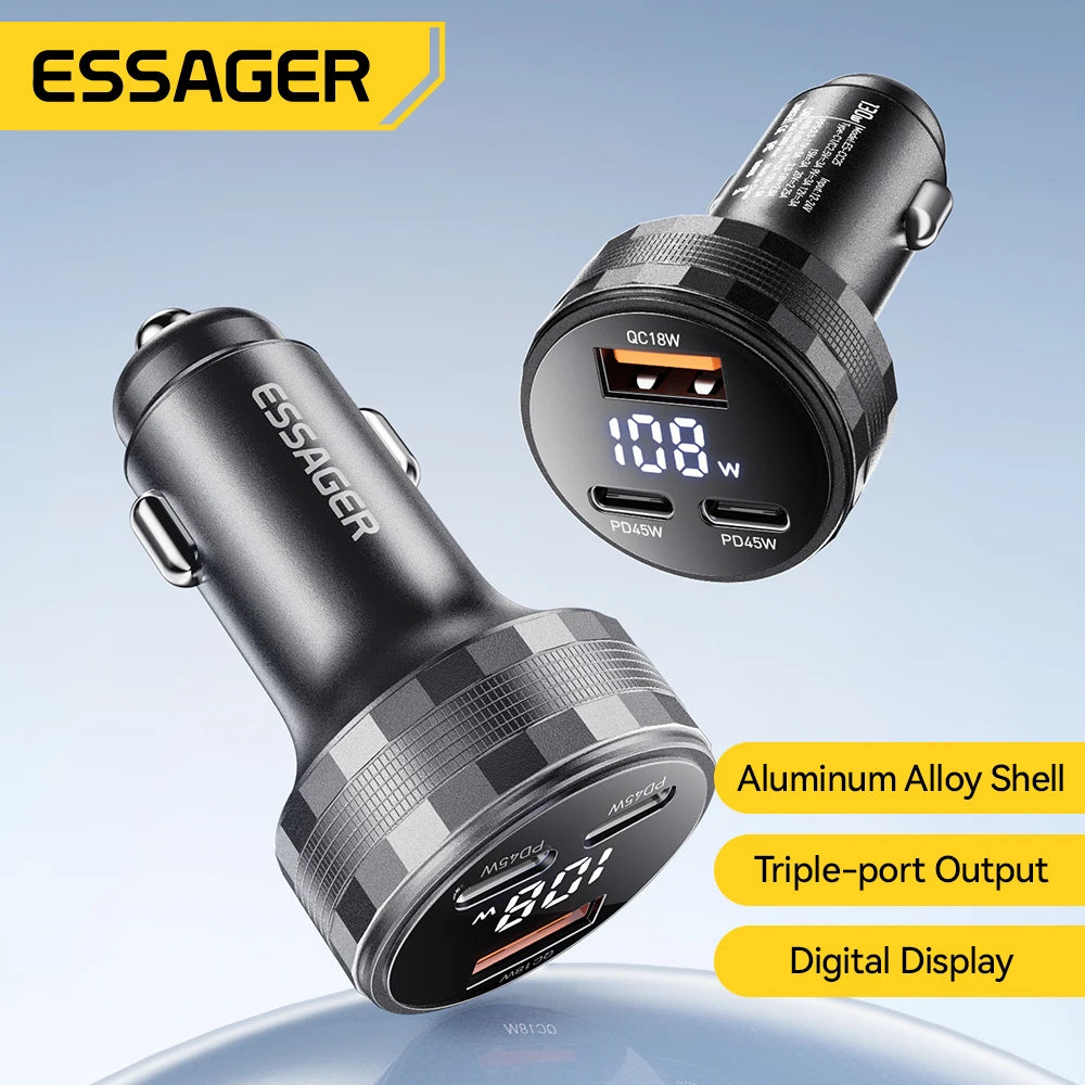 Essager 108W 3-Port USB Car Charger with Digital Display