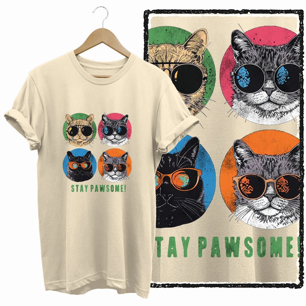 COOLMIND 100% Cotton Beige Cat Print Exclusive Graphic Women T Shirt Big Size Loose Cotton Cat Lover Women T Shirt Lovely Cat Te