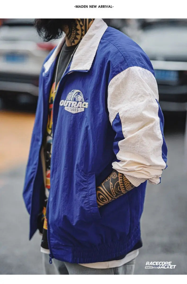 Maden Vintage Splice Racing Jacket Men's Spring Embroidered Outdoor Motorcycle Style Zip-Up Outerwear Lapel Casual Blue Jackets