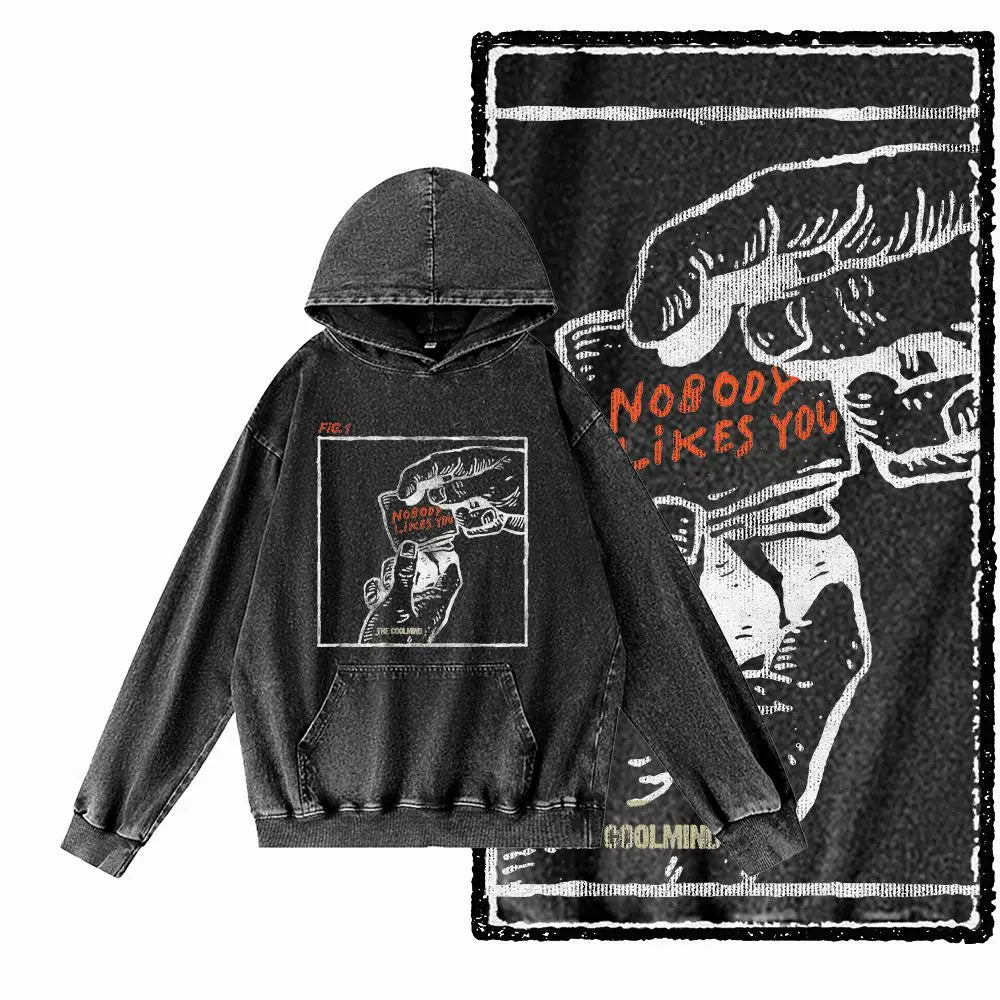 G09 Creative Graphic Acid-Washed Black Hoodie