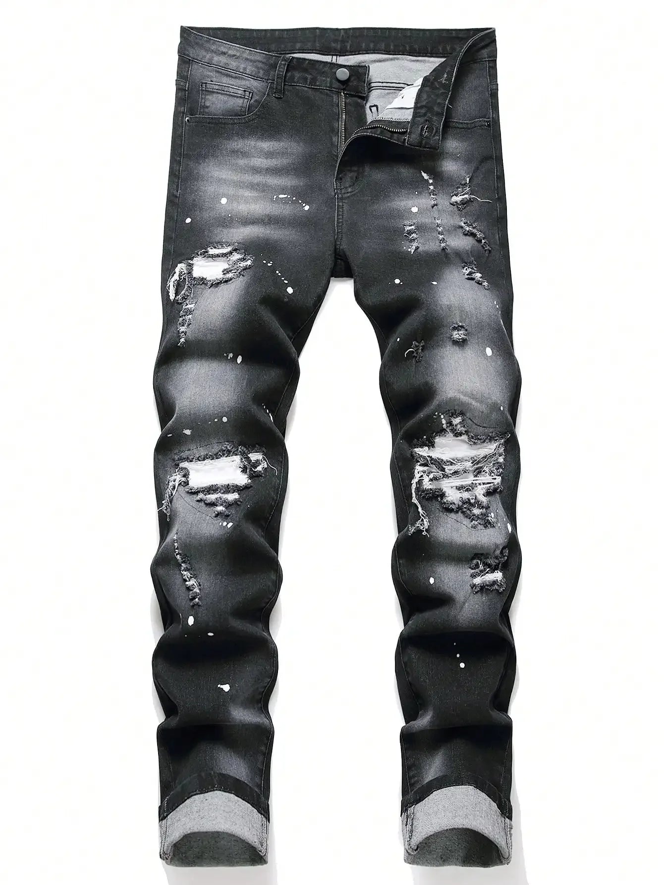 Men’s Cracked Blue Pleated Patch Biker Jeans - ShopHub