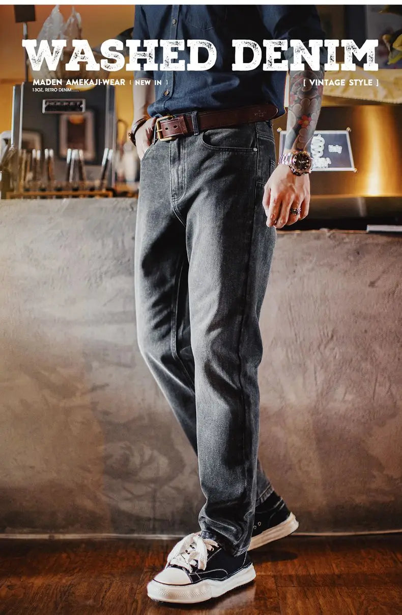 Maden Vintage 13oz Heavyweight Washed Gray Denim Jeans Men's Straight Leg Tapered Pants Casual Trousers for Spring and Fall