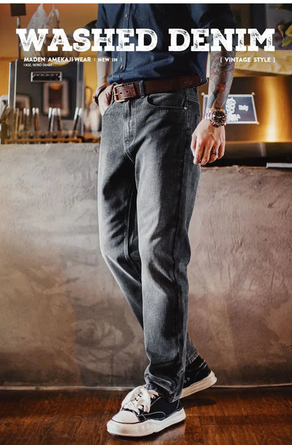 Maden Vintage 13oz Heavyweight Washed Gray Denim Jeans Men's Straight Leg Tapered Pants Casual Trousers for Spring and Fall