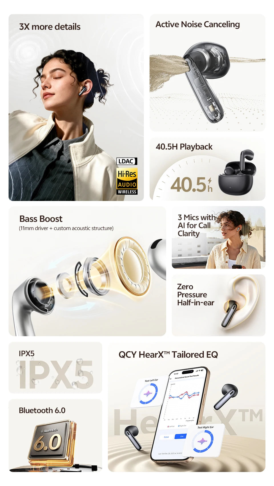 QCY AilyBuds E50 Wireless Earbuds with Bluetooth 6.0, Spatial Sound, 11mm Drivers, In-Ear Detection, HT11 Bass Boost, and 40H Playtime - ShopHub