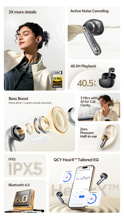 QCY AilyBuds E50 Wireless Earbuds with Bluetooth 6.0, Spatial Sound, 11mm Drivers, In-Ear Detection, HT11 Bass Boost, and 40H Playtime - ShopHub