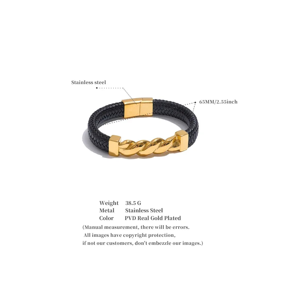 65mm Leather Metal Twisted Chain Handmade Wide Bracelet Bangle - ShopHub