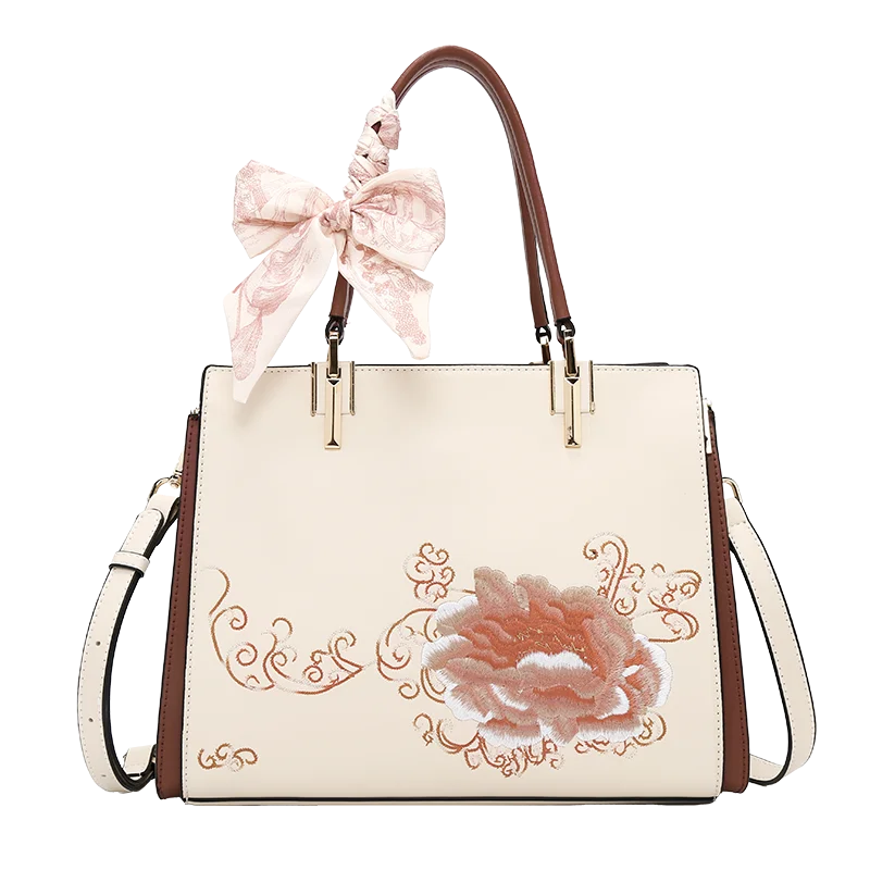 FOXER Luxury Embroidery Women's Handbag Split Leather Elegant Lady Tote Bag Chinese Style Shoulder Bag Best Mother's Day Gift