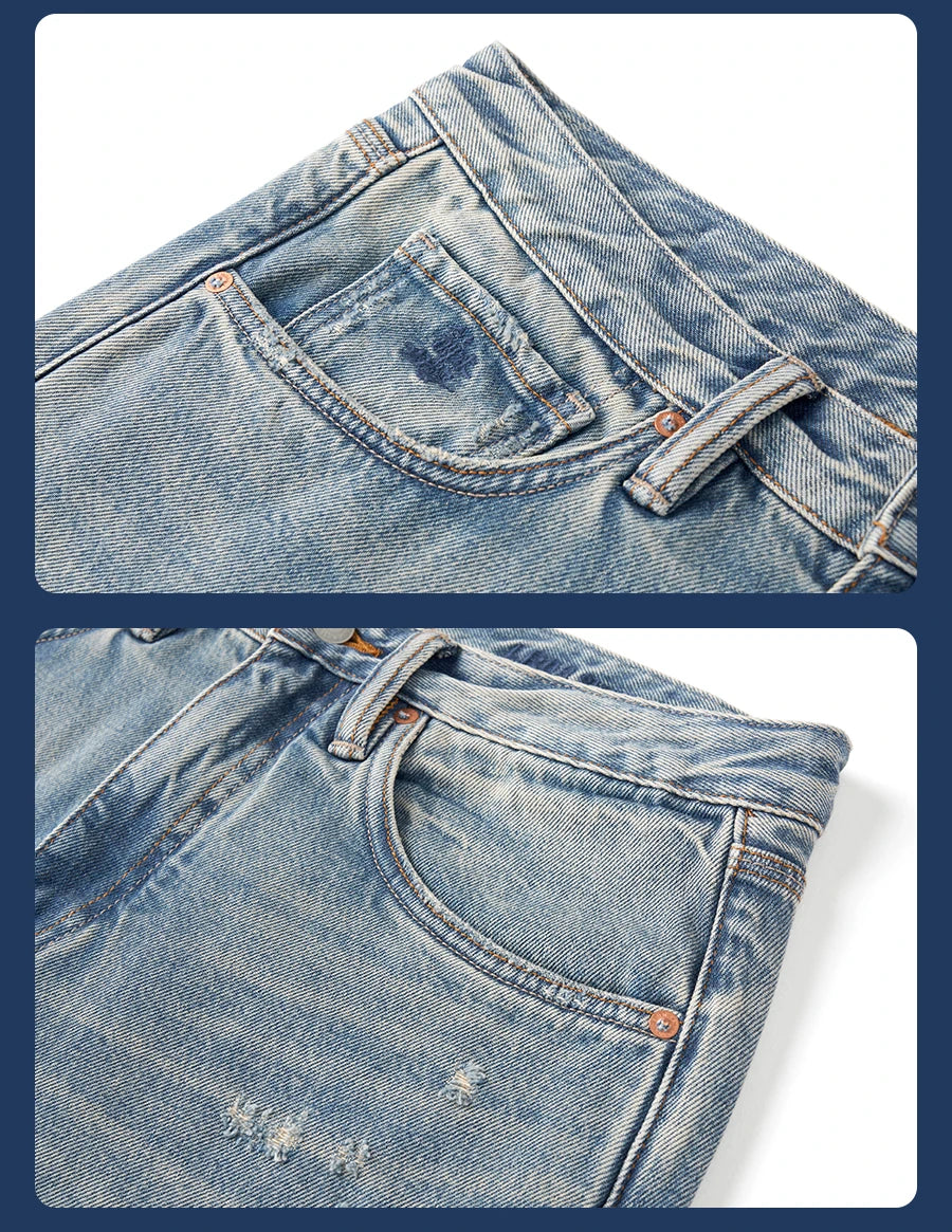 SIMWOOD High Standard 2026 Summer New Loose Relax 14oz Fabric Hole Ripped Jeans Men Vintage Streetwear Fashion Denim Pants