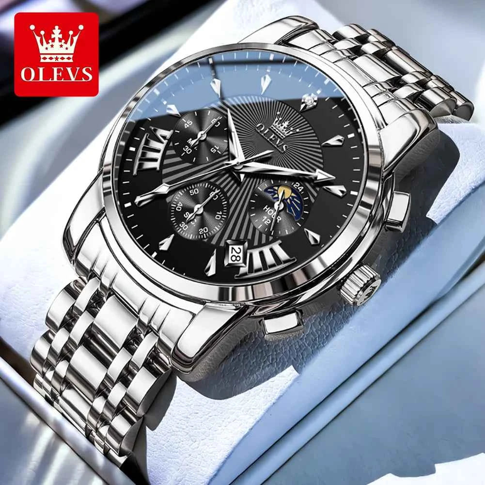 OLEVS 2892 Mens Business Quartz Watch with Moon Phase Multifunctional Chronograph and Calendar Window