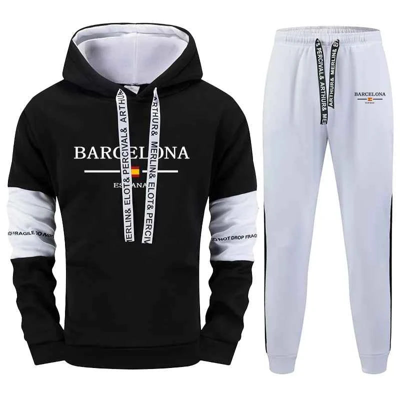 Men's Barcelona Print Hoodies and Sweatpants - Casual Autumn Winter Streetwear Jogging Suit