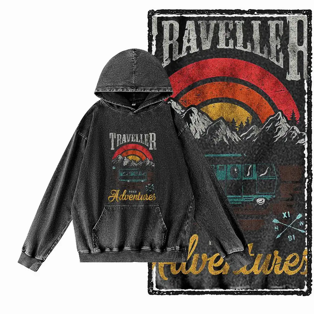Off-Grid Adventure Graphic Acid-Washed Black Hoodie