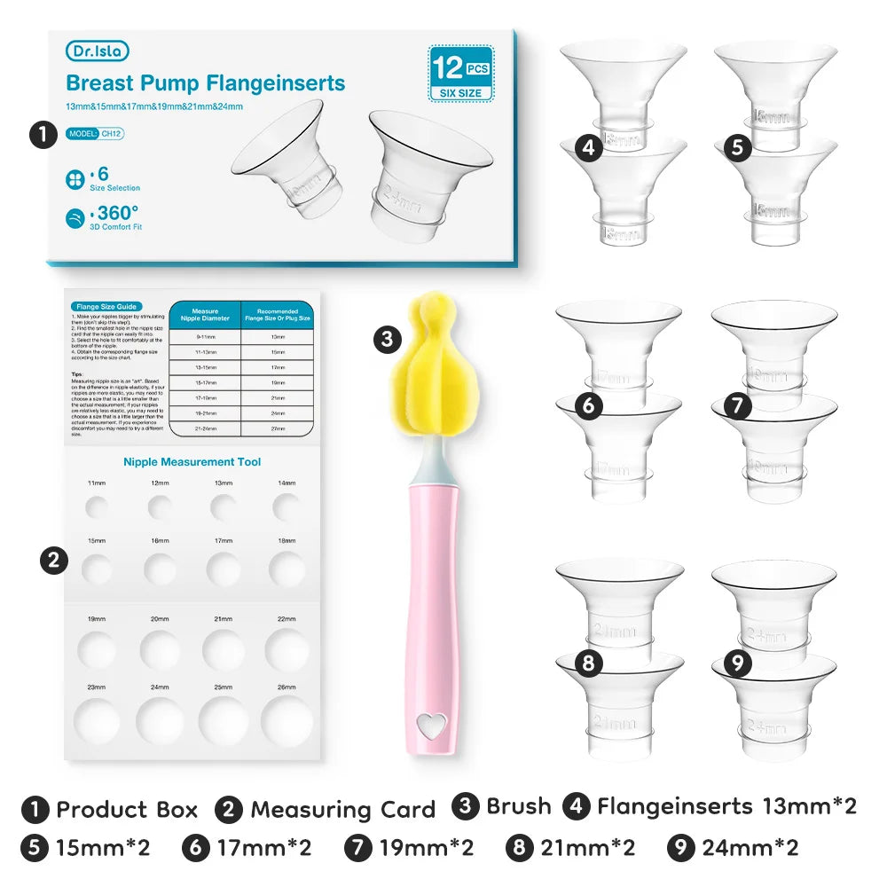 Dr. Isla breast pump flange inserts set with packaging, measuring card, brush, and flange inserts.