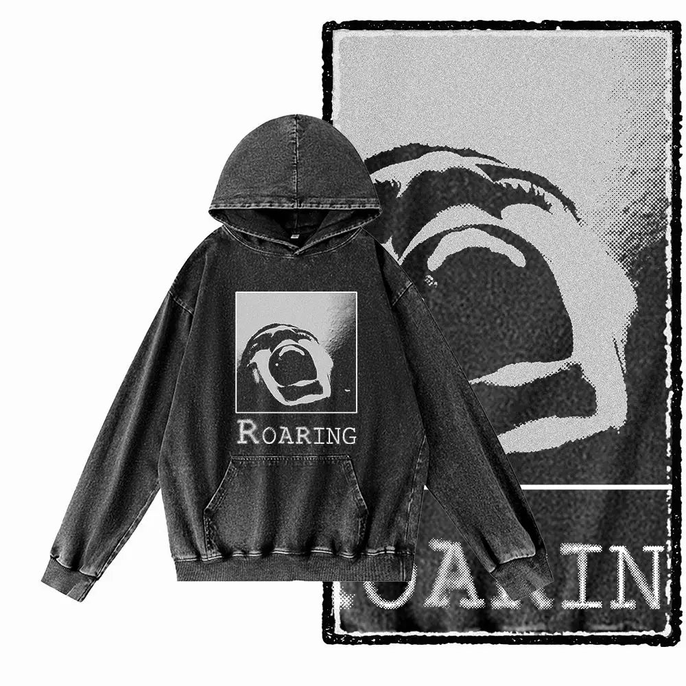 COOLMIND G21 Vintage Graphic Acid-Washed Black Hoodie