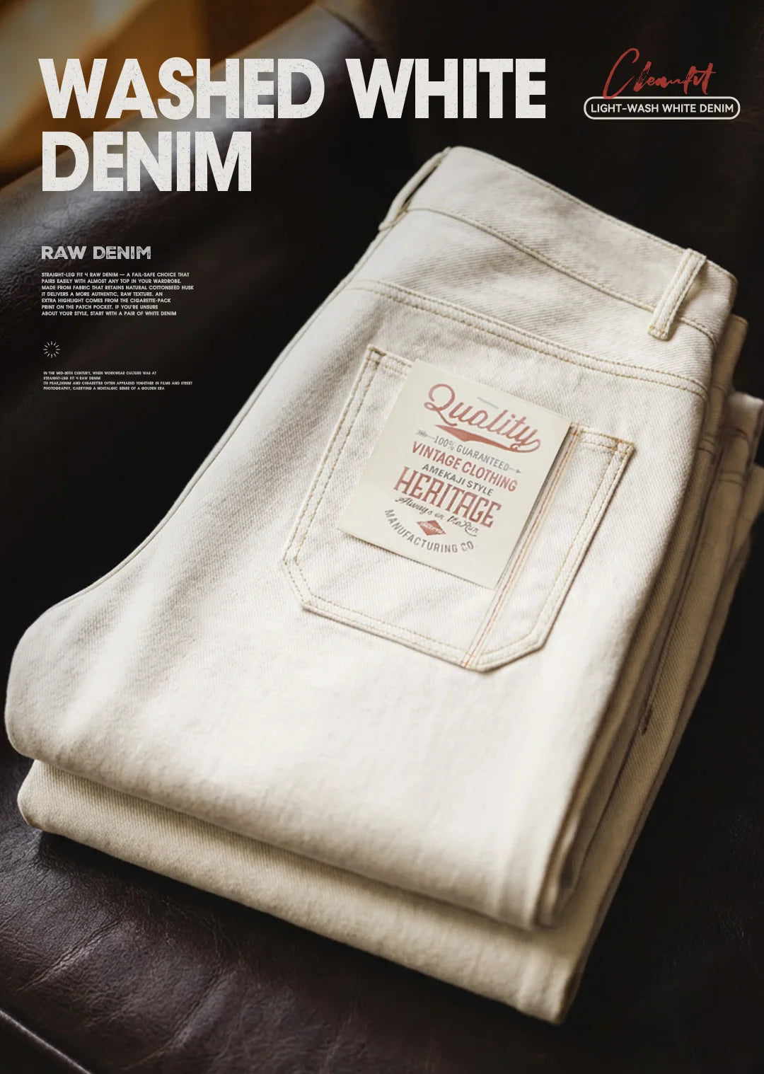 Maden Men's Vintage White Heavyweight Washed Jeans