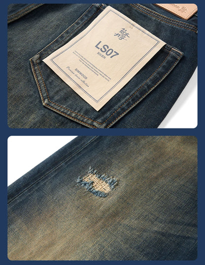 SIMWOOD 2026 Spring New Loose Straight 16oz Heavyweight Selvedge Denim Jeans Men Vintage Distressed Ripped Jeans