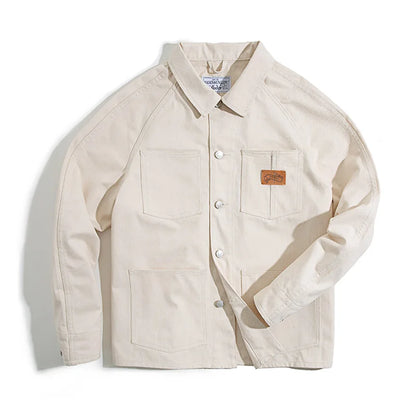 Maden Workwear French Vintage Square Neck White Denim Jacket Large Pocket Raglan Men's Top Early Autumn Coat
