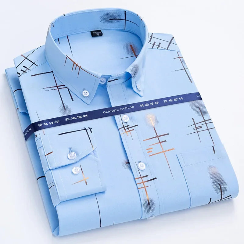 Men's Non-Iron Dress Shirts for Spring Autumn | Anti-Wrinkle Business Casual Thin Plaid Slim Fit Chemise Homme