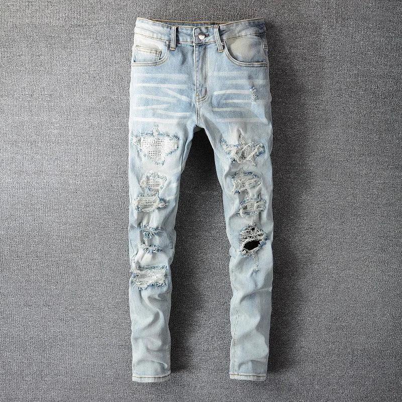 Men’s Light Blue Denim Ripped Patchwork Jeans - ShopHub