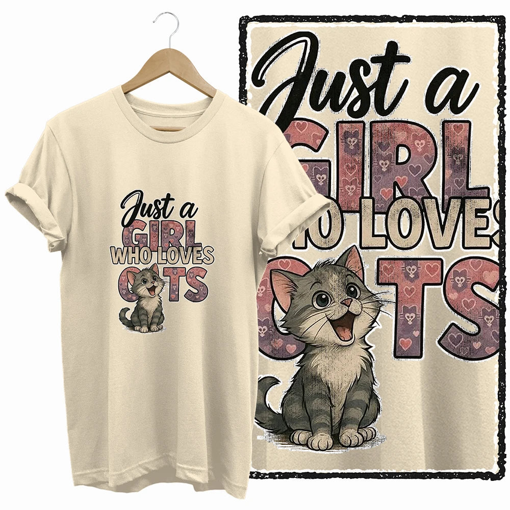 COOLMIND 100% Cotton Beige Cat Print Exclusive Graphic Women T Shirt Big Size Loose Cotton Cat Lover Women T Shirt Lovely Cat Te