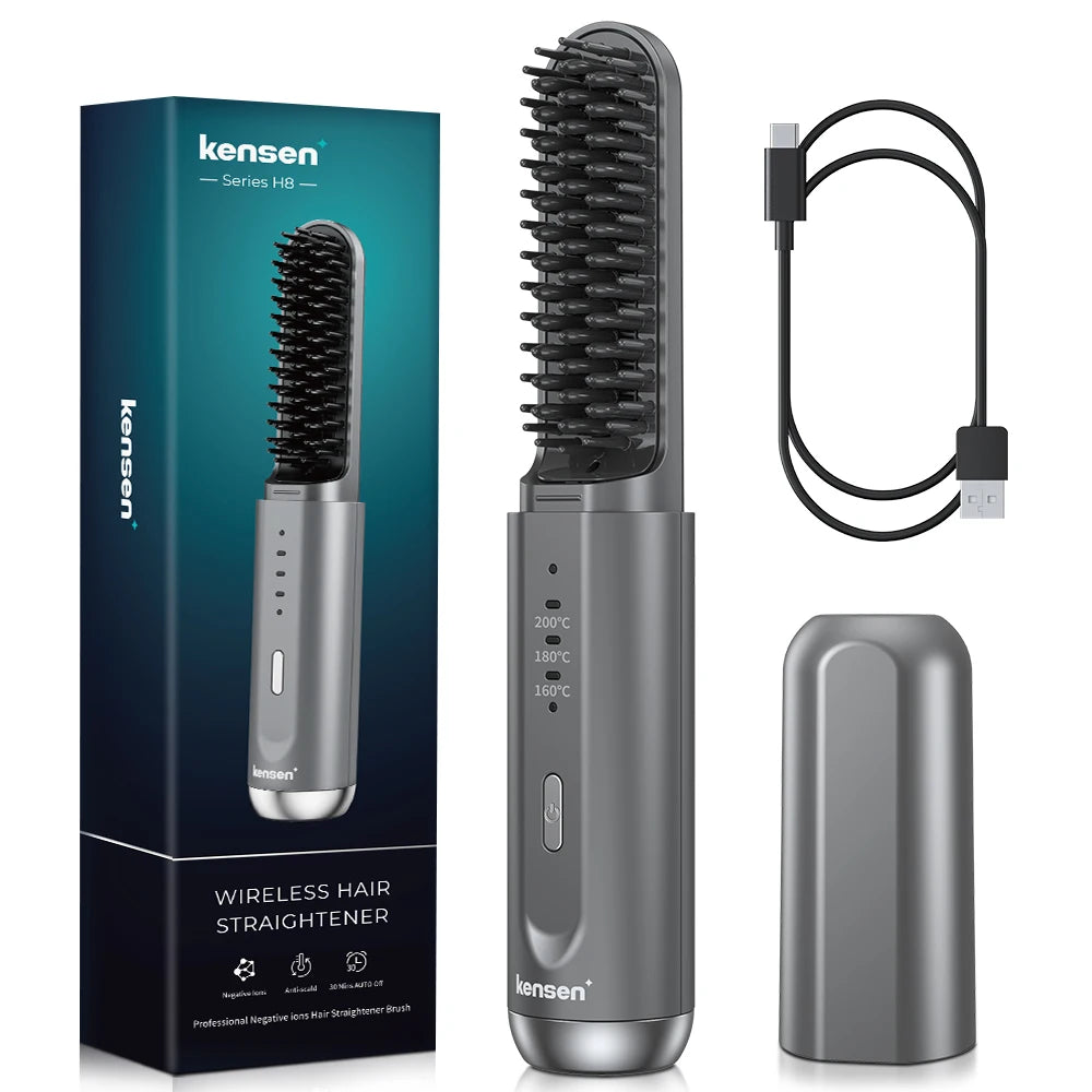 Kensen Wireless Hair Straightener Brush - Negative Ion USB Rechargeable Fast Heat Styling Comb for Men and Women