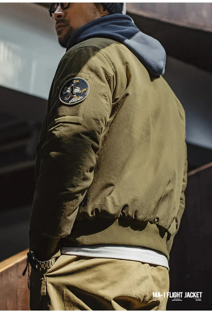 Maden Reversible MA-1 Flight Jackets for Men Baseball Collar Small Square Texture Fall and Winter Thickened Coats Cotton Jacket