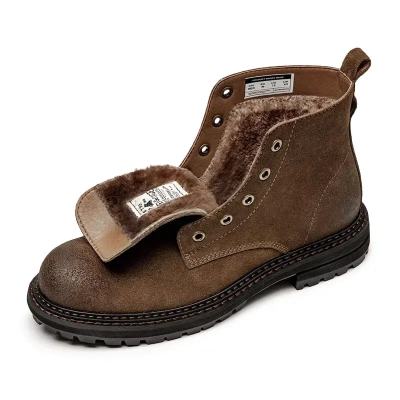 Brown suede boot with fur lining on a white background
