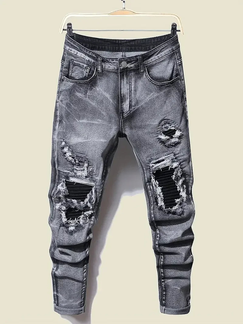 Men's Skinny Jeans With Patchwork Holes - ShopHub