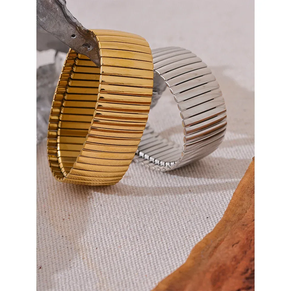 Elastic 316L Stainless Steel Metal Wide Big Statement Bracelet Bangle - ShopHub