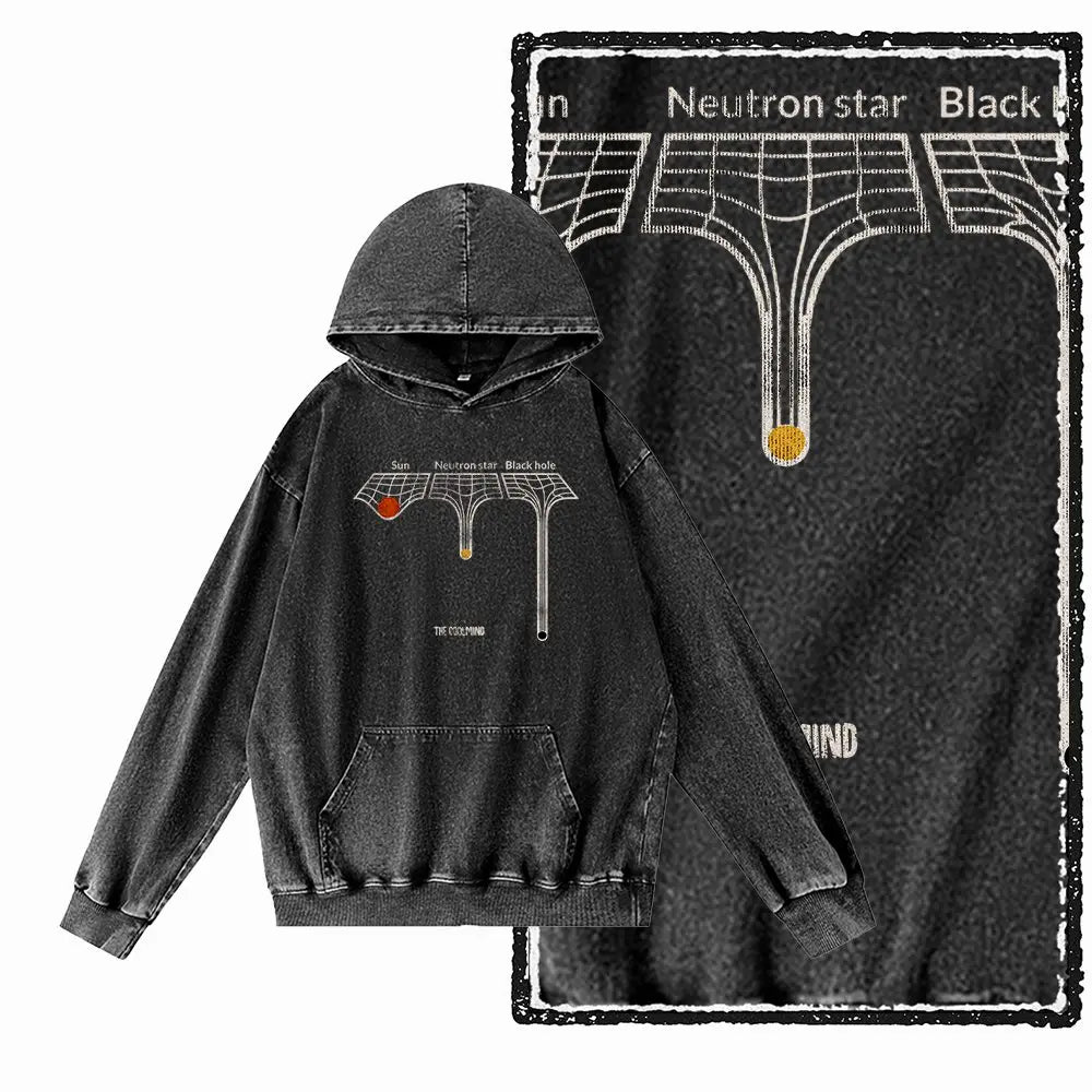 Cosmic Drift Space Graphic Acid-Washed Black Hoodie