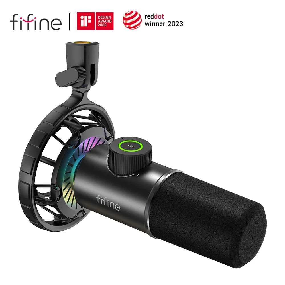 FIFINE gaming dynamic microphone with RGB lights and easy controls, ideal for clear audio in streaming and gaming setups.
