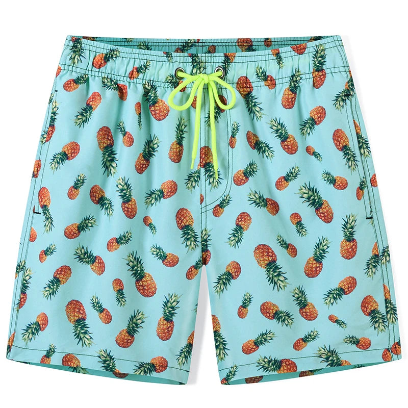 Men's summer swimming shorts by ShopHub NZ with polyester mesh liner, adjustable waist, printed design, and pockets for active wear.