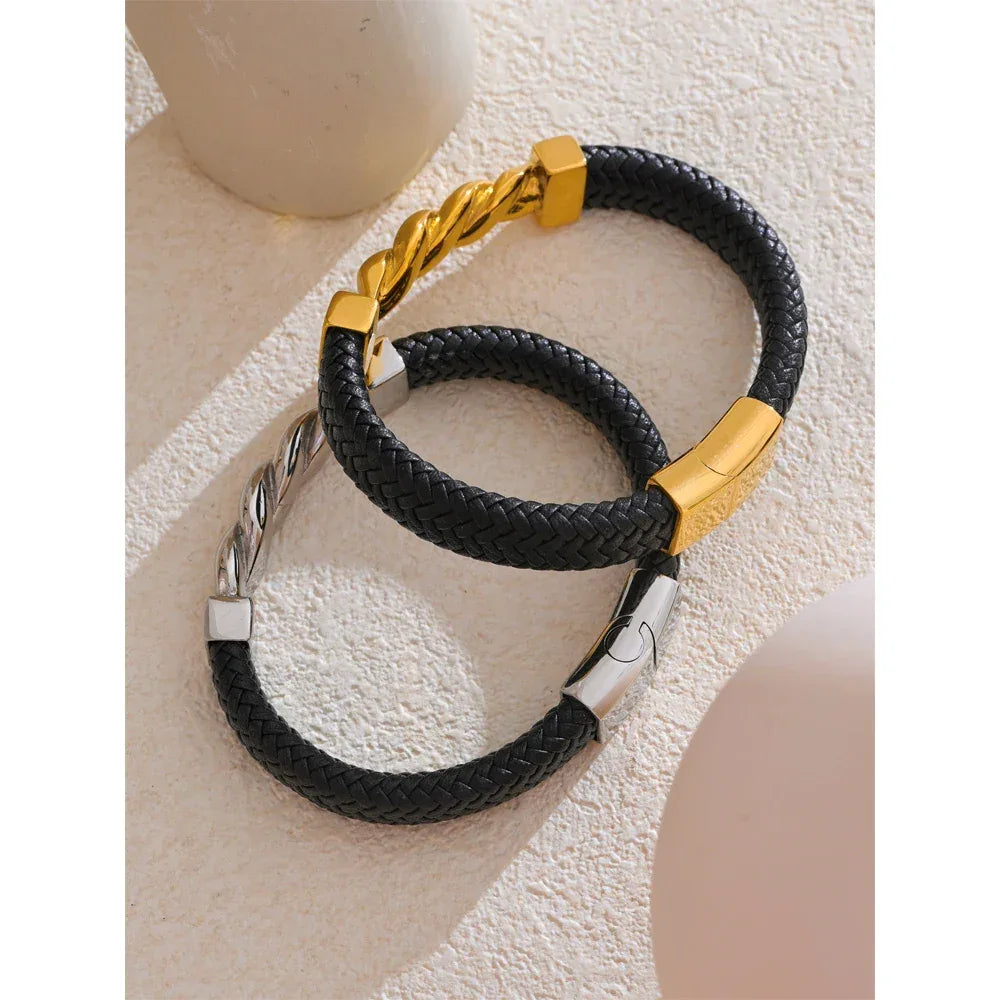65mm Leather Metal Twisted Chain Handmade Wide Bracelet Bangle - ShopHub