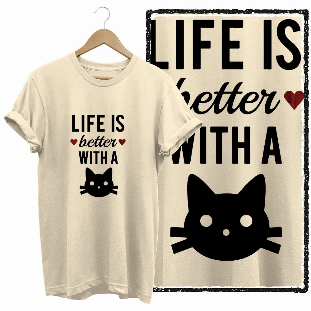COOLMIND Beige Cat Graphic T-Shirt | Women's Relaxed Fit