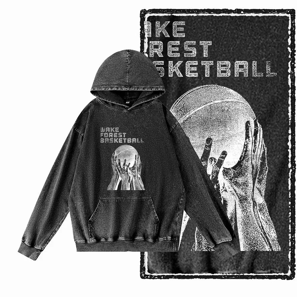Courtside Basketball Graphic Acid-Washed Black Hoodie