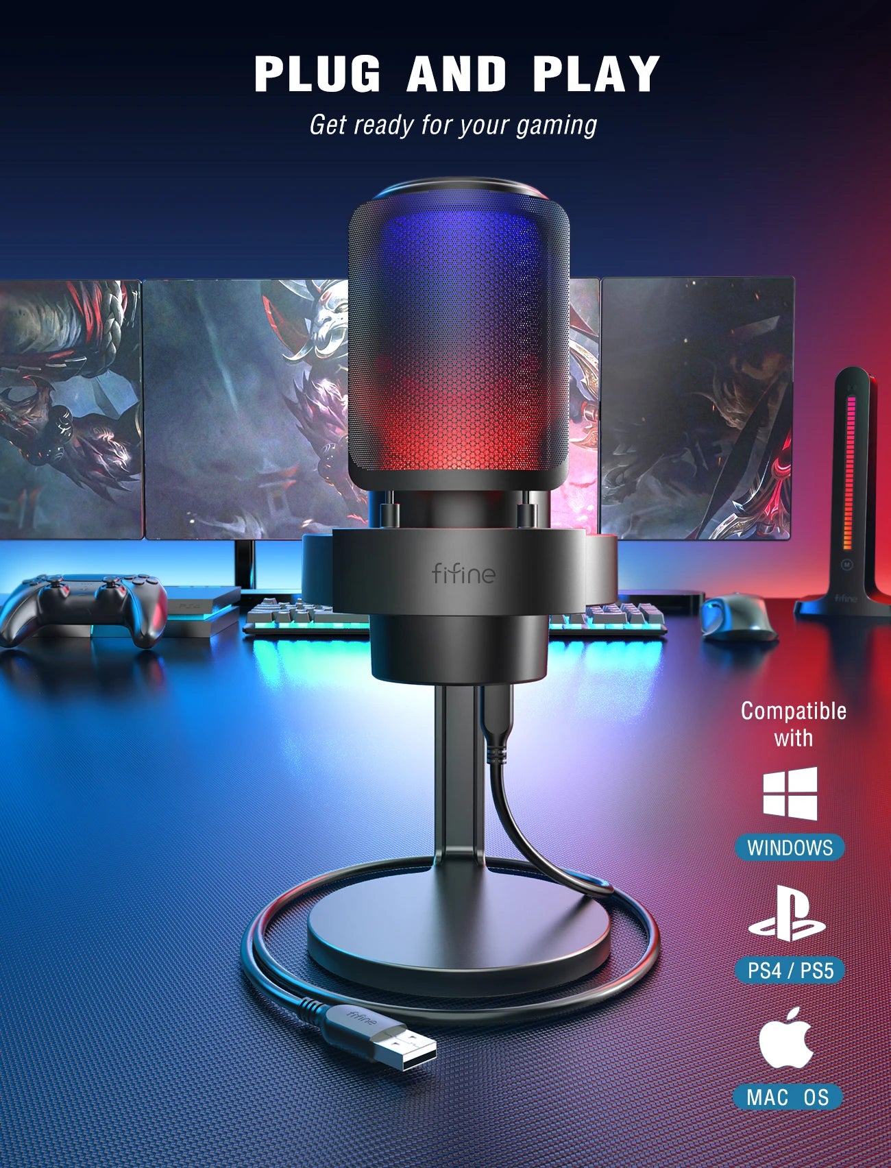 FIFINE USB microphone for recording and streaming, with a sleek black design and adjustable stand on a desk surface.