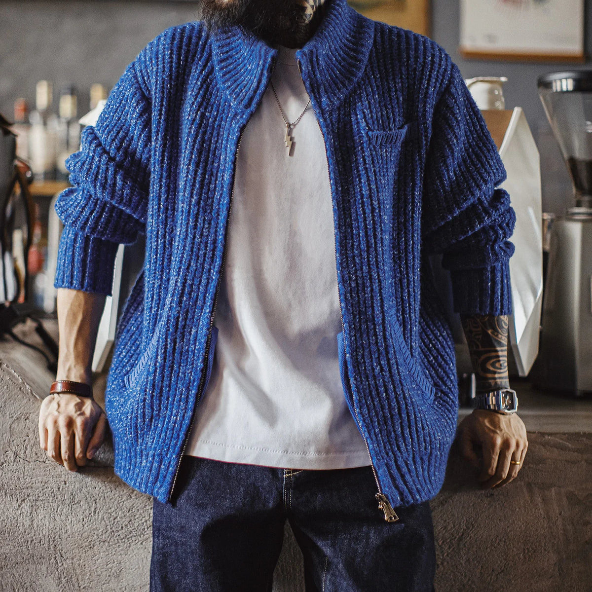 MADEN Blue High-Neck Zip Cardigan