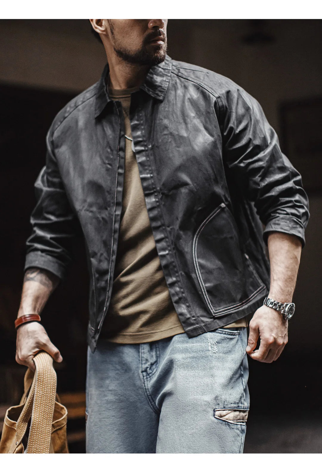Maden Black Oil Waxed Canvas Hunting Jacket Contrast Topstitching Rugged Cropped Outerwear Casual Short Length for Men Autumn
