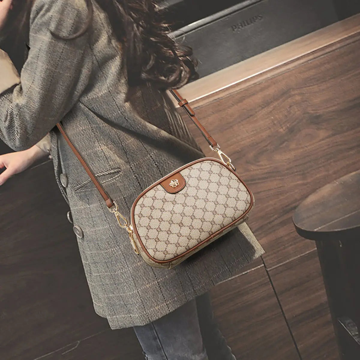 FOXER Women Small Shoulder Bag Fashion Monogram PVC Lady Crossbody Handbag with Adjustable Strap