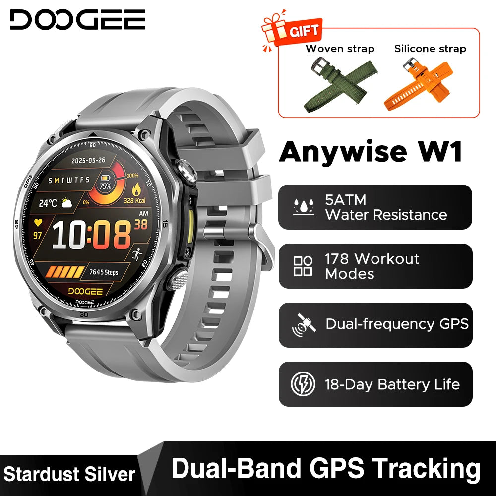DOOGEE Anywise W1 AMOLED Smartwatch – Dual-Band GPS & Calls