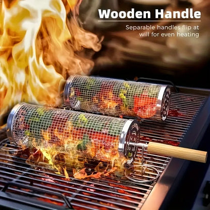 2Pcs Stainless Steel BBQ Grill Set - Heavy Duty Camping Cooking Tool with Wood Handle & Hook