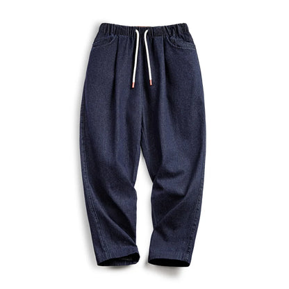Maden Casual 10oz Jogger Denim Jeans with Elastic Waist Drawstring Washed Straight Trousers for Men's Spring and Autumn Pants