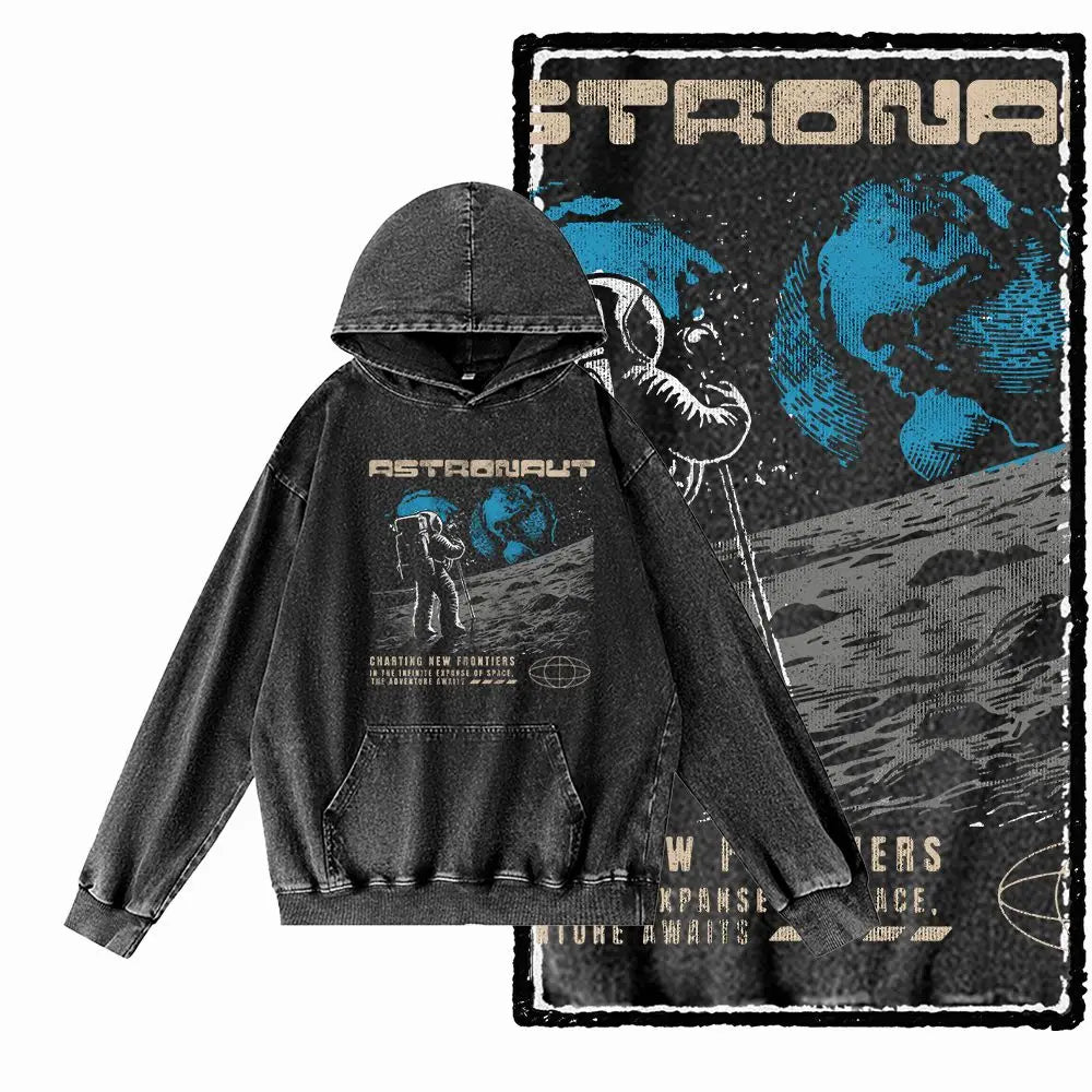 Cosmic Drift Space Graphic Acid-Washed Black Hoodie