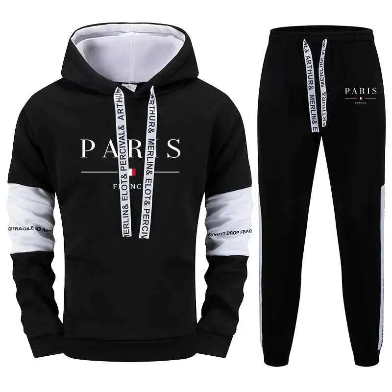 Men's Tracksuit Set Paris Print Hoodie and Sweatpants for Fall Winter Casual Sporty Jogging