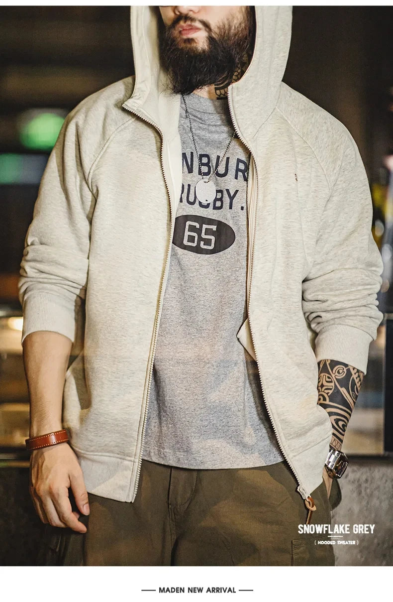 Maden Gray Hooded Sweatshirt for Men Polar Fleece Lining Thickened Warm Zippered Sports Cardigan Autumn and Winter Outer Jacket