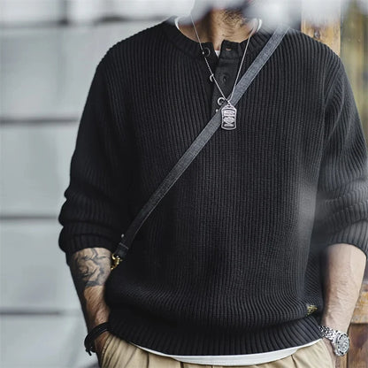 MADEN Black Henley Knit Pullover