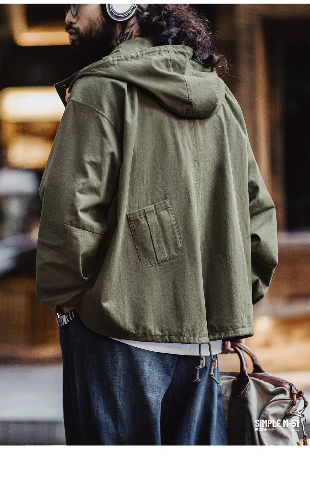 Maden Vintage Green M51 Hooded Jacket Loose Fishtail Short Overcoat Men's Versatile Outwear with Pockets Hidden Button Placket