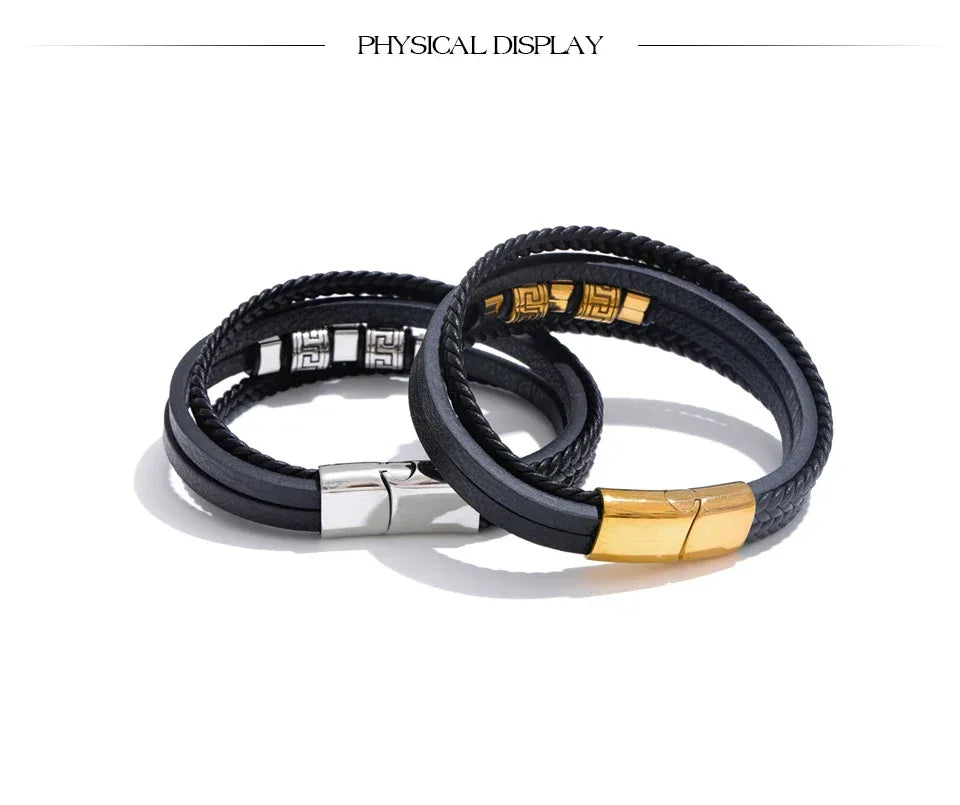 68mm Leather Braided Handmade Layered Men's Bracelet Bangle - ShopHub