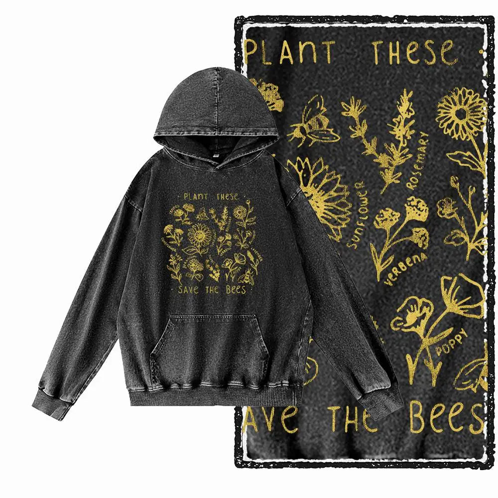 Hive Mind Bees Graphic Acid-Washed Black Hoodie